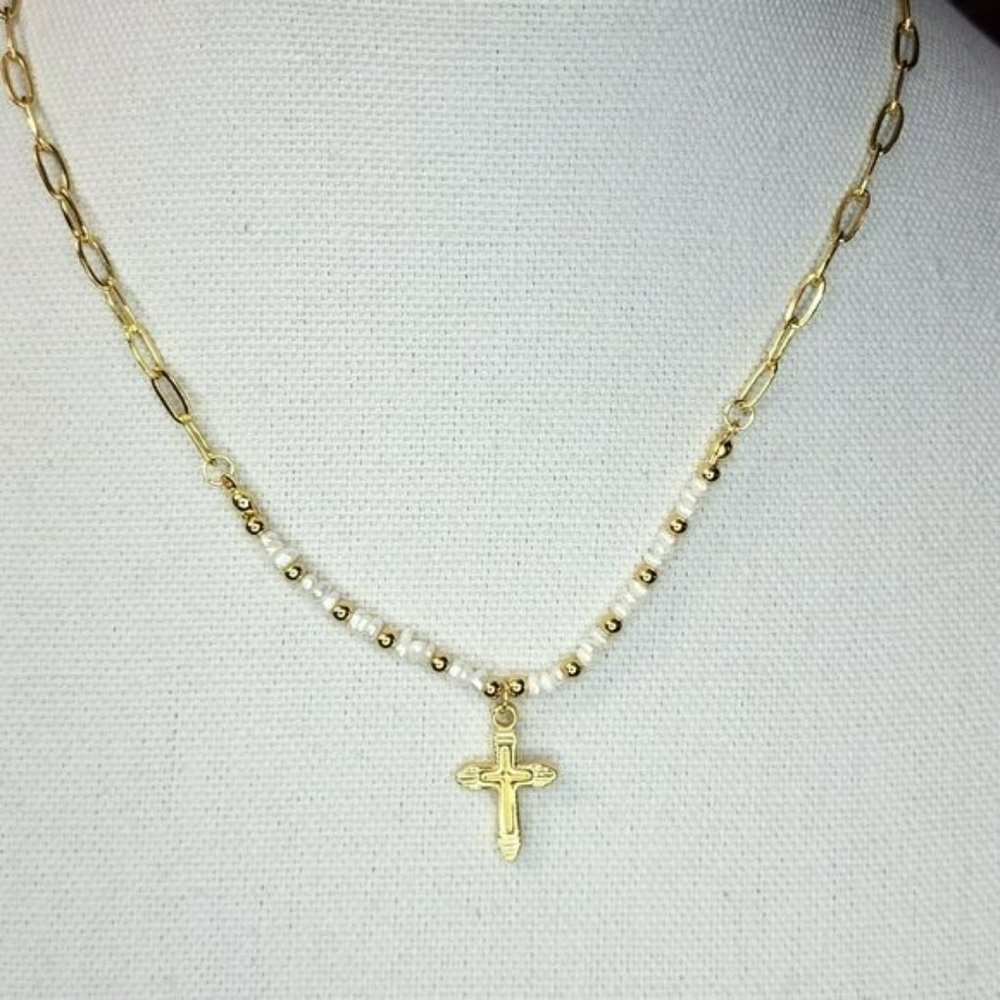 Gold Plated Stainless Steel Chain Freshwater Pearl Beads Cross‎ Pendant Necklace